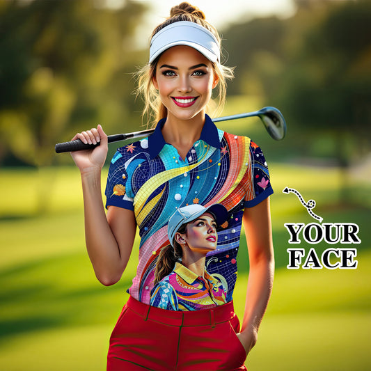 Custom Face Artistic Golf Polo Shirt for Women - Mosaic Design Style 16