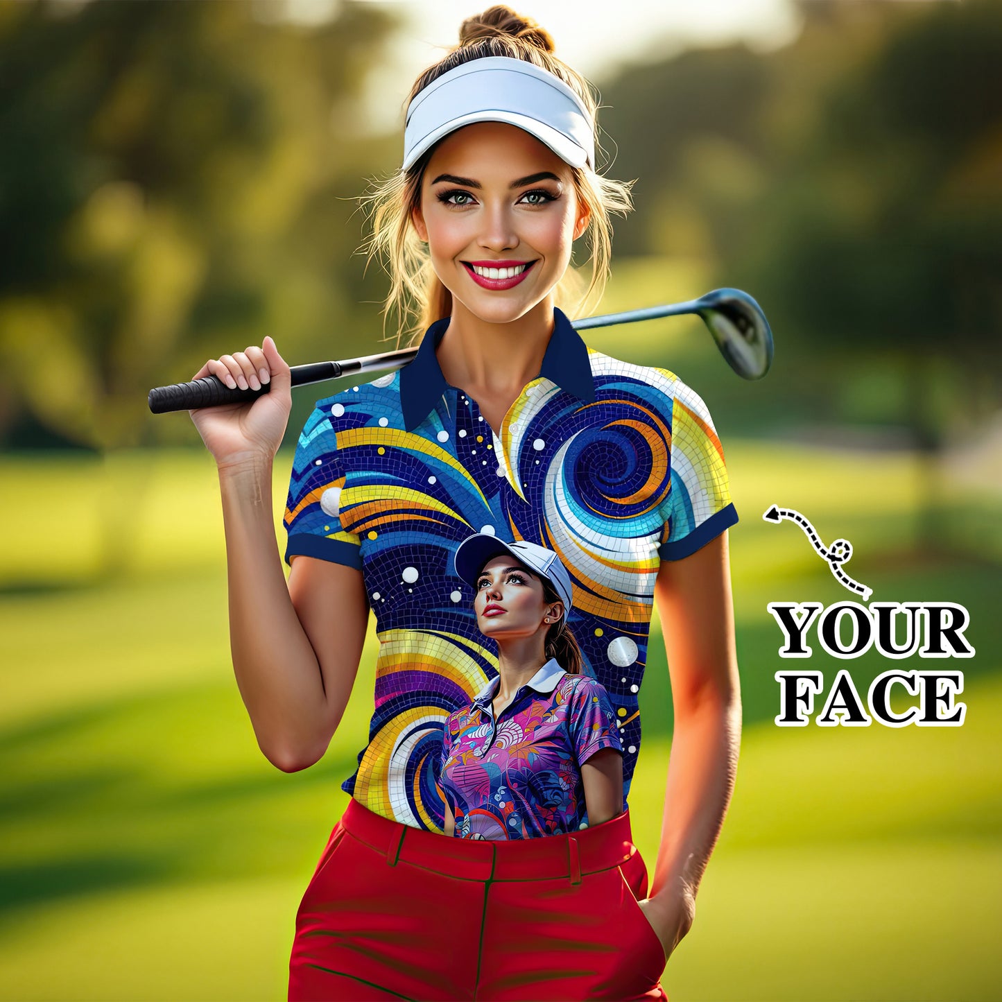 Custom Face Artistic Golf Polo Shirt for Women - Mosaic Design Style 21
