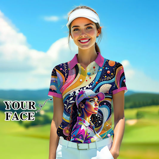 Custom Face Mosaic Art Golf Polo Shirt – Personalized Women's Golfwear Style 12