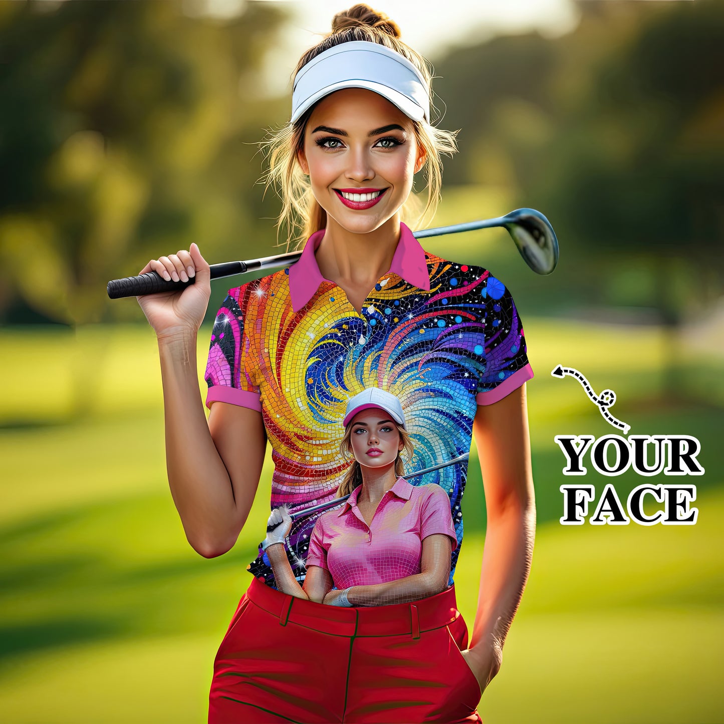 Custom Face Mosaic Art Golf Polo Shirt – Personalized Women's Golfwear Style 6