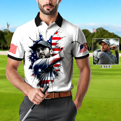 HomyGifts Men's Customized Face Artistic Golf Polo Shirt, Personalized American Flag Design, Unique Gift for Patriotic Golfers Style 5