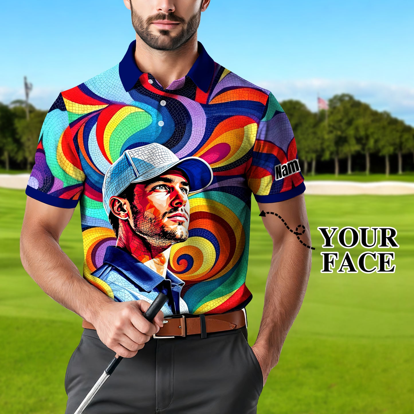 Personalized Mosaic Portrait Polo — Custom Face Mosaic Art Style Shirt Style 9