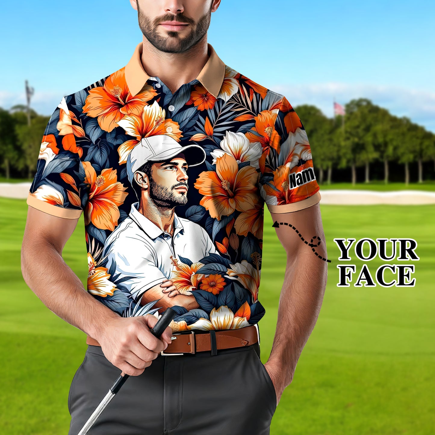 Custom Face Tropical Floral Polo Shirt – Personalized Summer Shirt, Fun Beach Vacation Gift, Unique Tropical Party Outfit Style 3