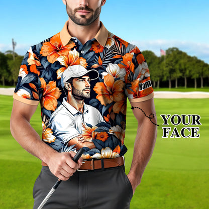 Custom Face Tropical Floral Polo Shirt – Personalized Summer Shirt, Fun Beach Vacation Gift, Unique Tropical Party Outfit Style 3