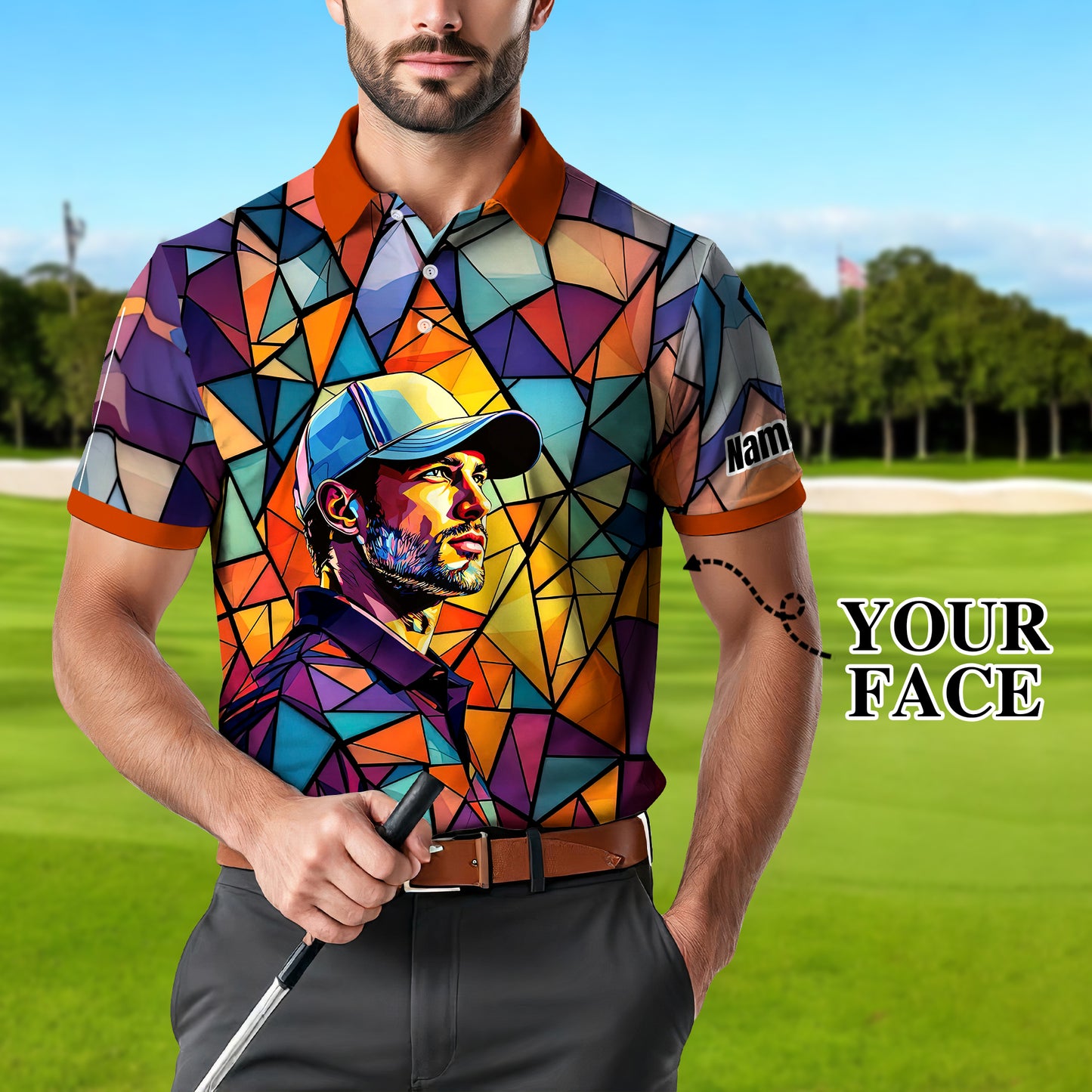 Angular Geometric Glass Pattern Custom Face Polo — Stained-Glass Mosaic Print, Personalized Sublimation Golf Shirt, Vibrant Geometric Portrait Tee