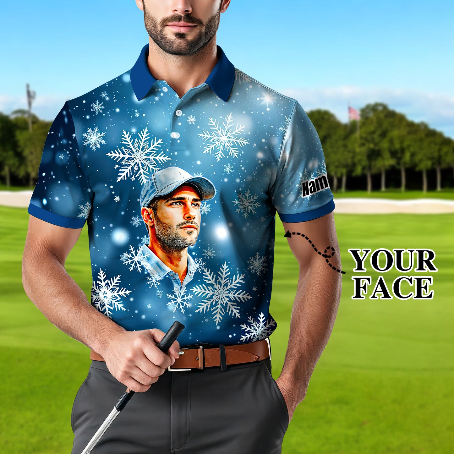 Custom Face Golf Polo Shirt – Personalized Christmas Golf Shirt for Him, Unique Holiday Gift for Golfer, Snowflake Design Golf Apparel Style 5