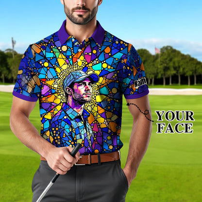 Custom Face Golf Polo Shirt – Personalized Stained Glass Art Shirt, Unique Golf Gift for Him, Colorful Abstract Golf Polo, Custom Sportswear