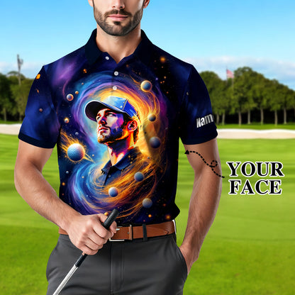 Custom Cosmic Portrait Polo Shirt – Personalized Surreal Galaxy Art with Your Face | Unique Gift for Golfers, Sports & Astrology Fans Style 4