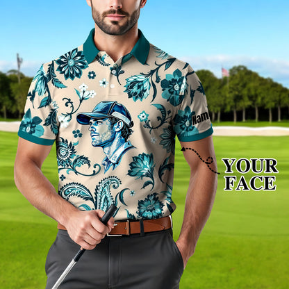 Custom Retro Pattern Art Polo Shirt – Personalized Face & Name | Vintage Floral Pattern Collared Shirt for Men Style 1