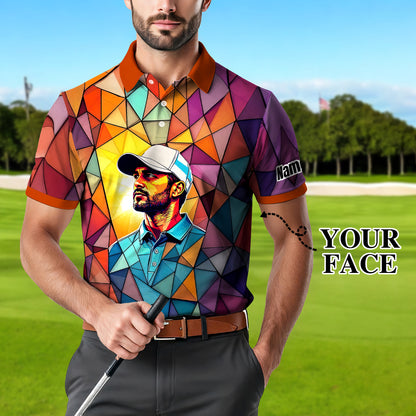 Angular Geometric Glass Pattern Custom Face Polo — Stained-Glass Mosaic Print, Personalized Sublimation Golf Shirt, Vibrant Geometric Portrait Tee