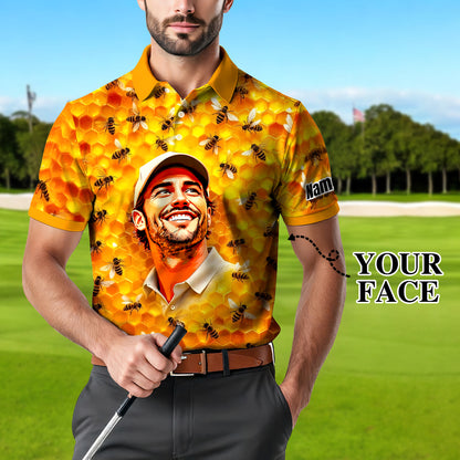 HomyGifts Men's Customized Face Artistic Golf Polo Shirt, Personalized Bee & Honeycomb Polo Shirt with Face, Funny Honey Lover Outfit, Summer Polo for Men Style 3