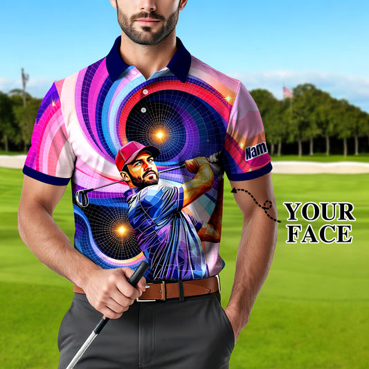 Men's Custom Face Artistic Golf Polo Shirt, Mosaic Art Style, Unique Personalized Golf Polo For Men