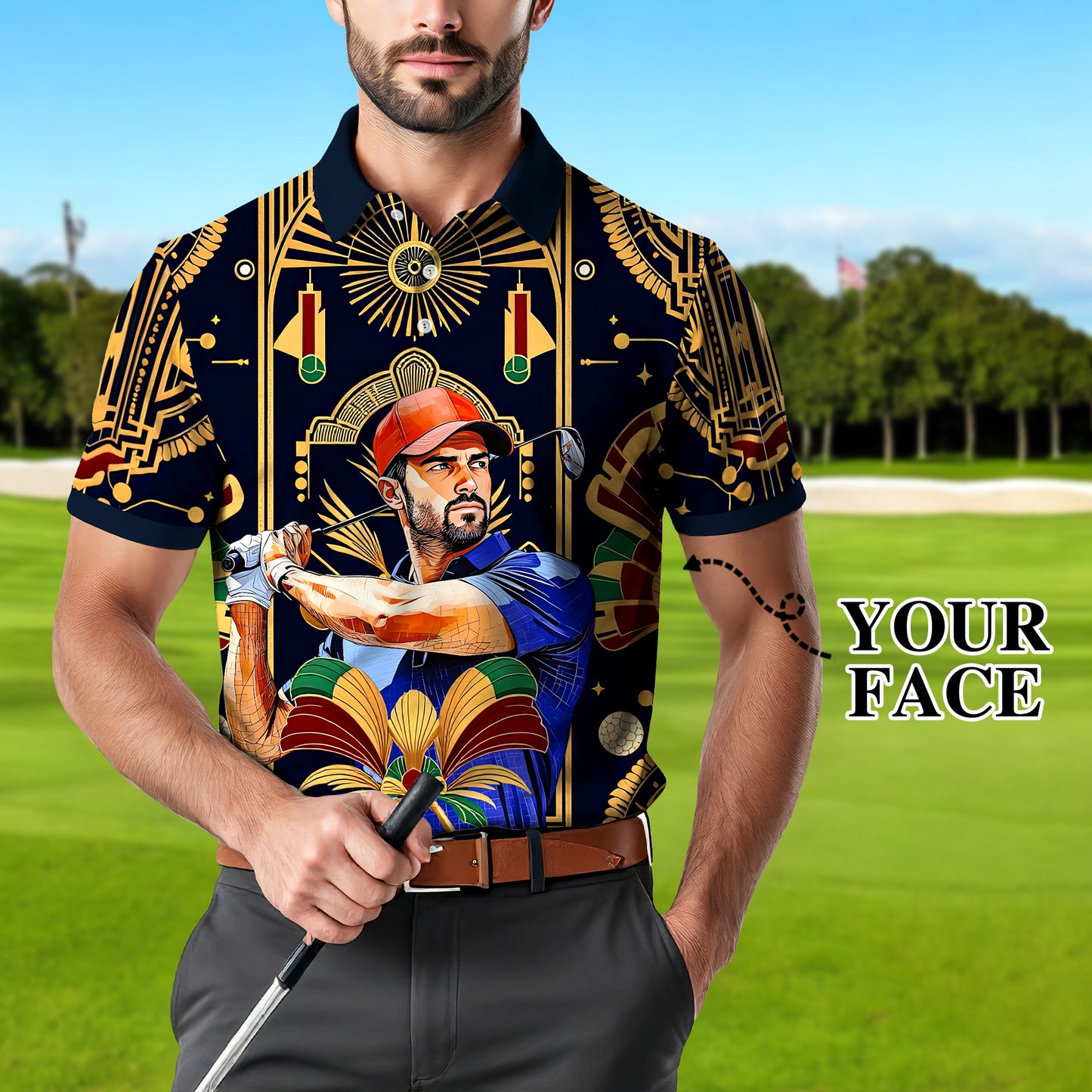 Custom Face Golf Polo Shirt – Swing in Gold Art Deco Revival Style | Personalized Golf Shirt for Men Style 10