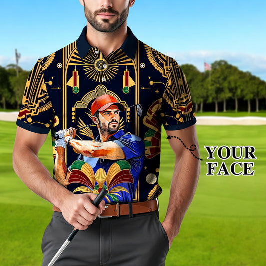 Custom Face Golf Polo Shirt – Swing in Gold Art Deco Revival Style | Personalized Golf Shirt for Men
