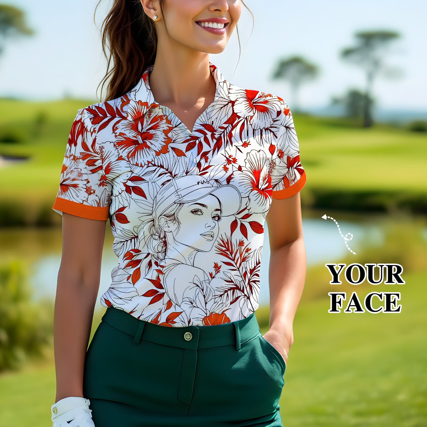 Women’s Custom Face Hibiscus Polo Shirt – Personalized Tropical Floral Polo, Unique Gift for Her, Stylish Custom Golf & Casual Wear Style 6