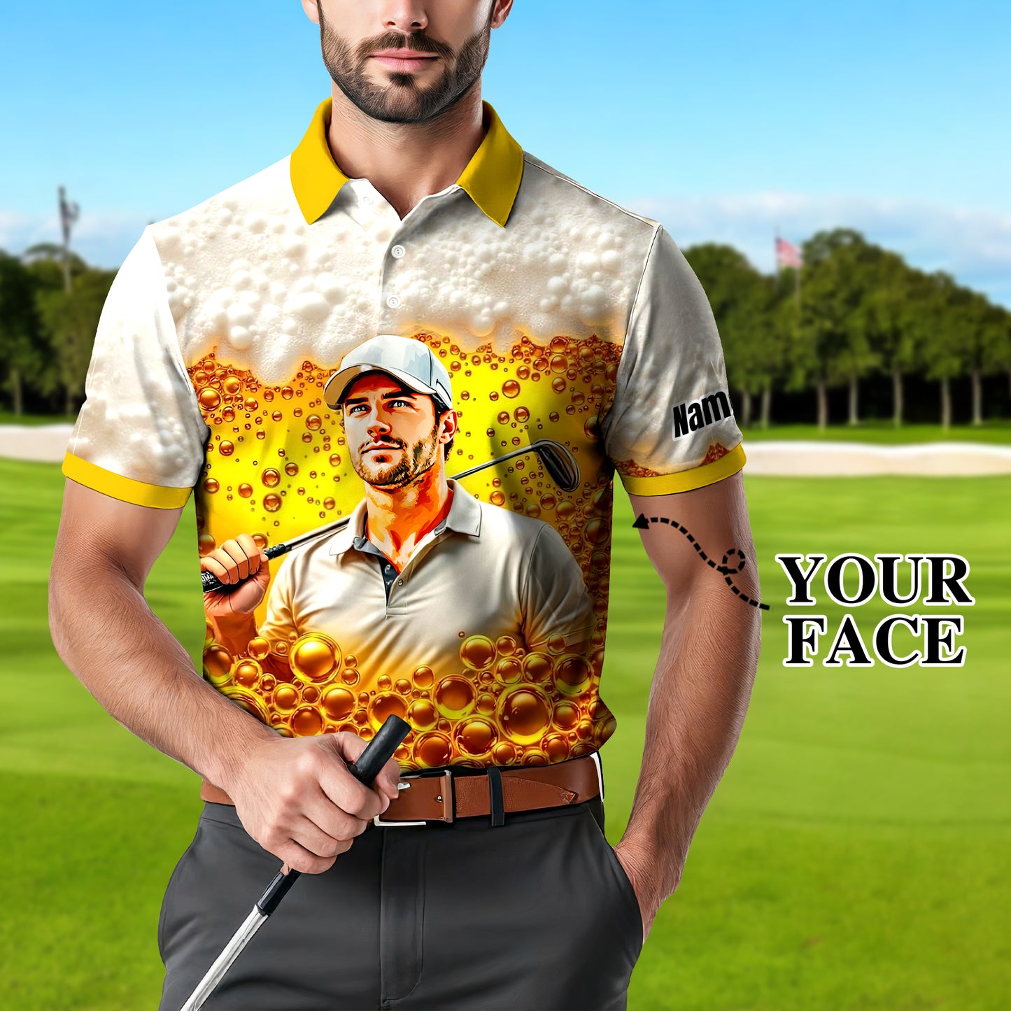 HomyGifts Men's Customized Face Artistic Golf Polo Shirt, Beer pattern Design, Special Gift for Beer & Golf Lovers, Summer Party Outfit, Unique Gift for Men Style 3
