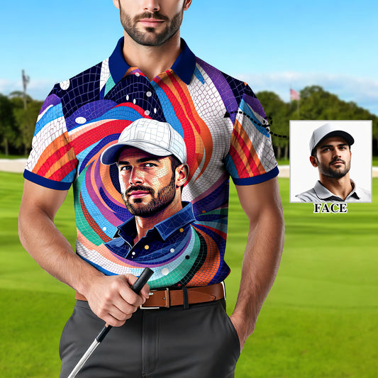 Men's Custom Face Artistic Golf Polo Shirt, Mosaic Art Style, Unique Personalized Golf Polo For Men