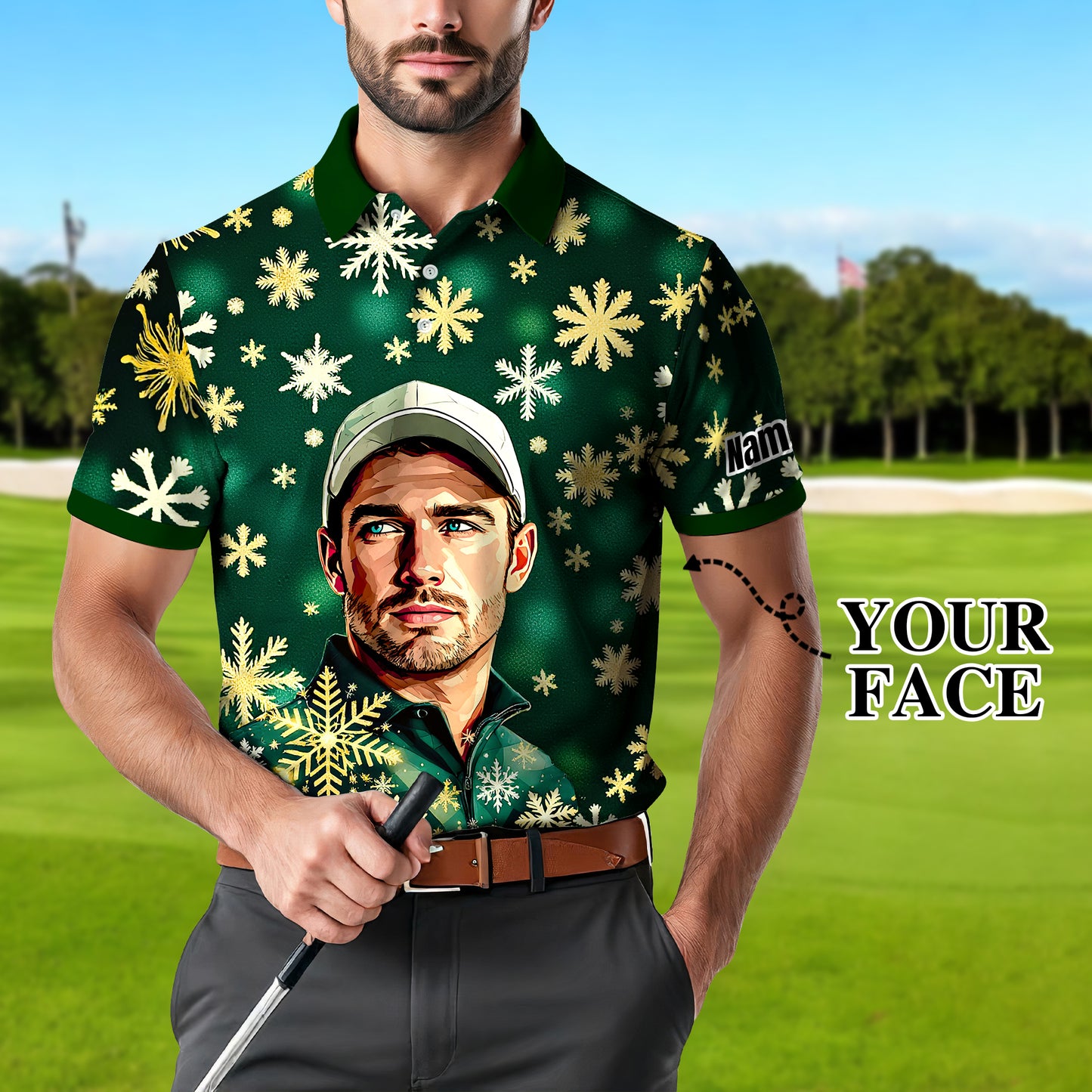 Custom Face Golf Polo Shirt – Personalized Christmas Golf Shirt for Him, Unique Holiday Gift for Golfer, Snowflake Design Golf Apparel Style 20