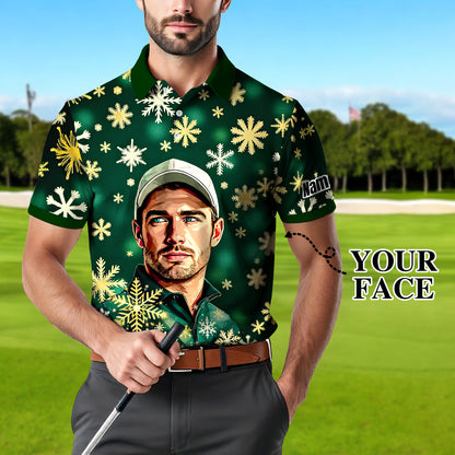 Custom Face Golf Polo Shirt – Personalized Christmas Golf Shirt for Him, Unique Holiday Gift for Golfer, Snowflake Design Golf Apparel Style 20