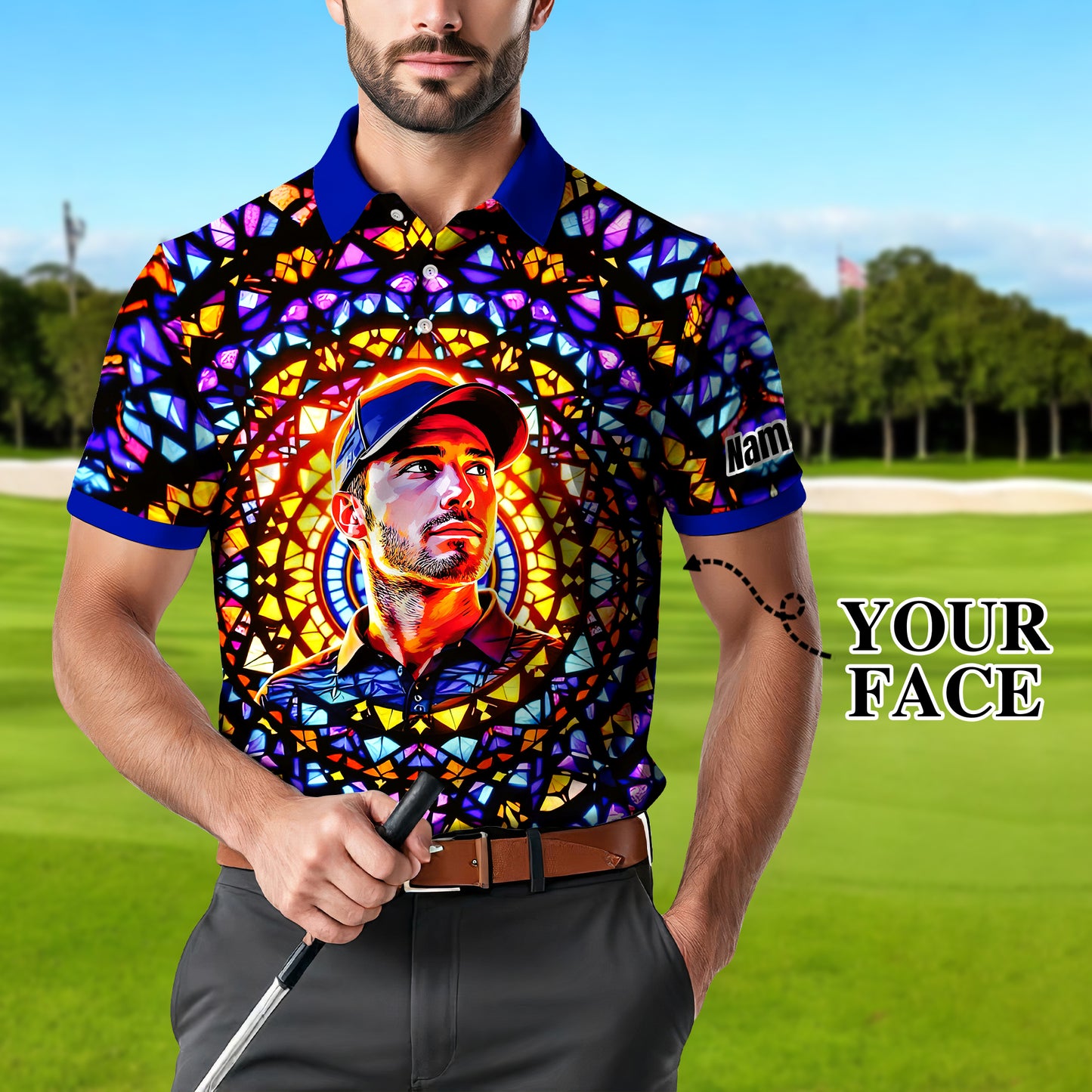 Custom Face Golf Polo Shirt – Personalized Stained Glass Mandala Style Polo, Unique Gift for Men & Women, Vibrant Artistic Golf Shirt, Custom Photo Polo