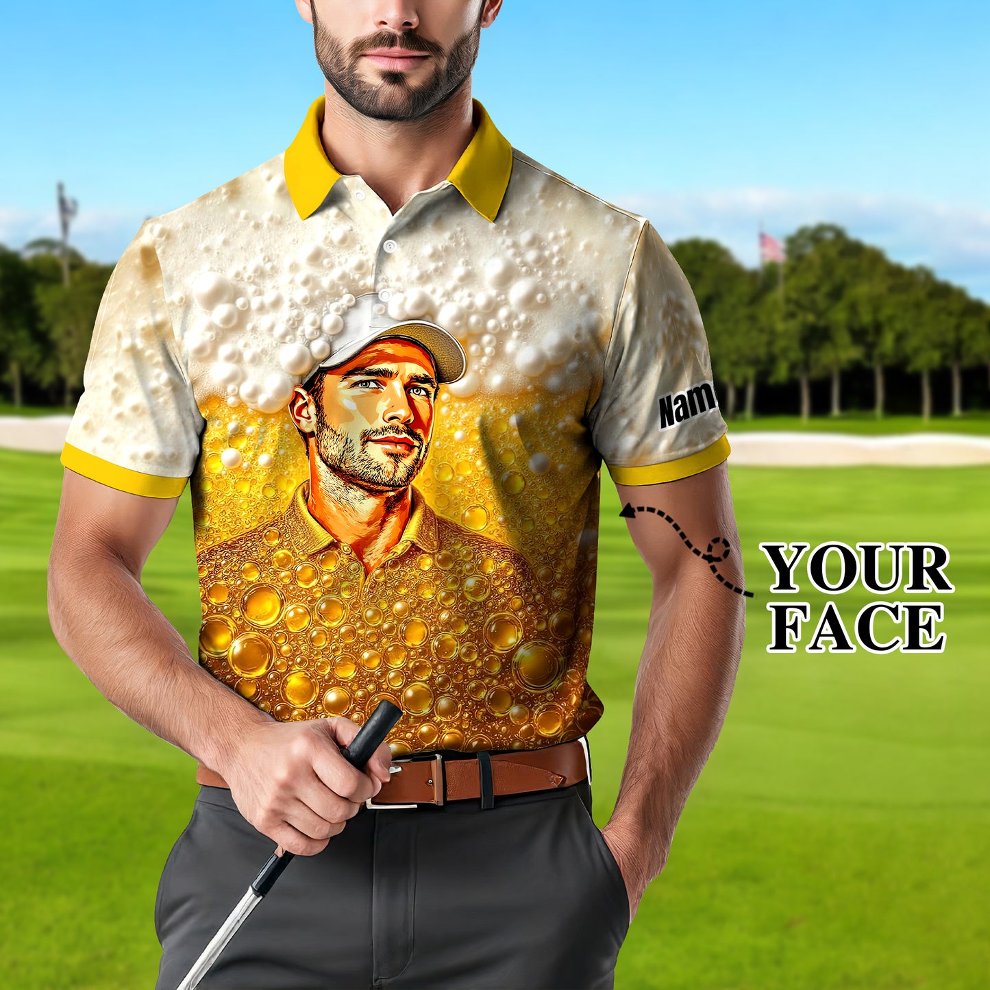 HomyGifts Men's Customized Face Artistic Golf Polo Shirt, Beer pattern Design, Special Gift for Beer & Golf Lovers, Summer Party Outfit, Unique Gift for Men Style 7