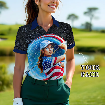 Women’s Custom Face Golf Polo – American Flag Mosaic Art – Personalized USA Patriotic Golf Shirt – Unique 4th of July Gift Style 2
