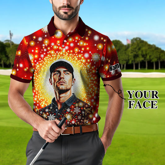Custom Face Golf Polo Shirt – Personalized Christmas Golf Shirt for Him, Unique Holiday Gift for Golfer, Snowflake Design Golf Apparel Style 15