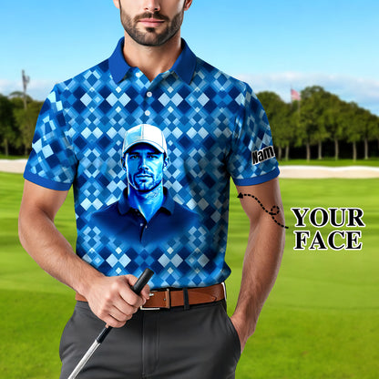 Custom Face Polo Shirt – Geometric Diamond Pattern | Personalized Photo Golf Polo | Unique Gift for Him, Retro Geometric Style Shirt Style 15