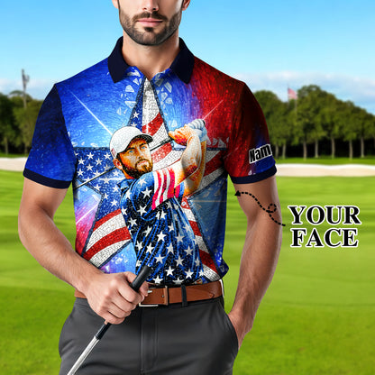 Custom Face Patriotic Golf Polo Shirt – Personalized USA Flag Design – American Pride Gift for Him – Mosaic Art Golf Shirt Style 2