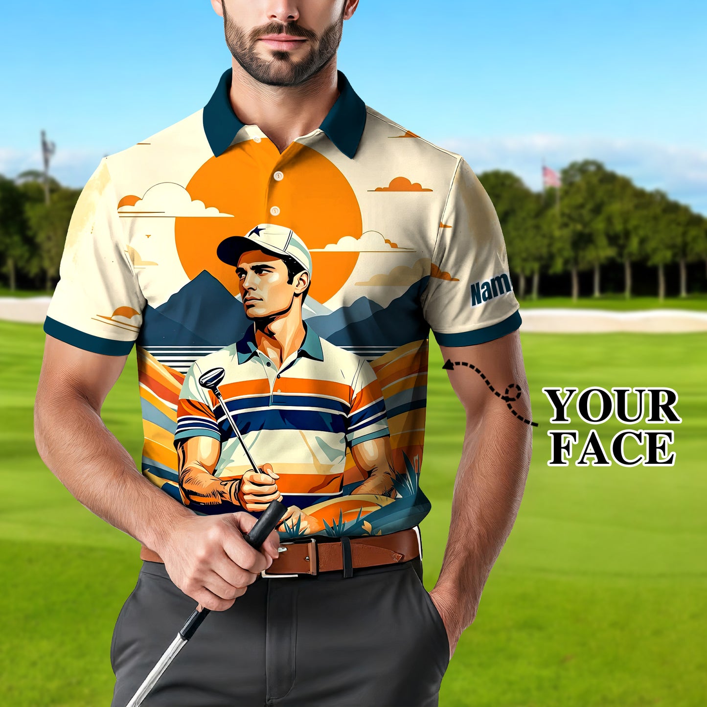 Custom Vintage Americana Golf Polo with Your Face - Retro Personalized Gift for Men Style 2