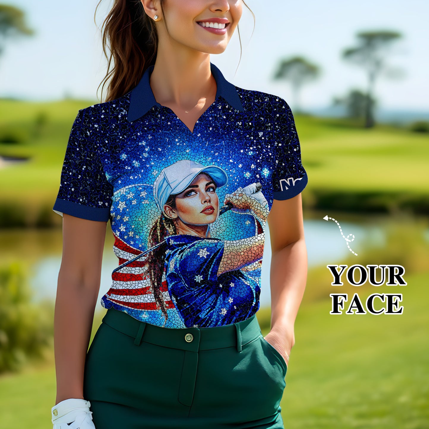 Women’s Custom Face Golf Polo – American Flag Mosaic Art – Personalized USA Patriotic Golf Shirt – Unique 4th of July Gift Style 3