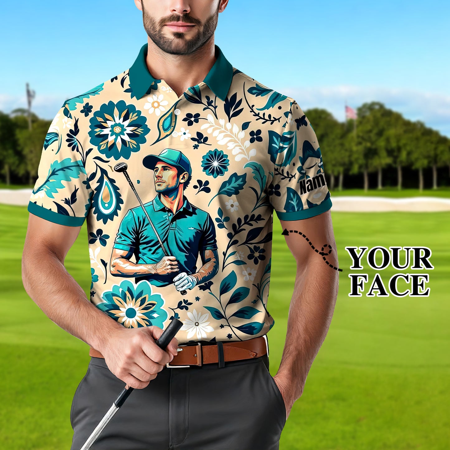 Custom Retro Pattern Art Polo Shirt – Personalized Face & Name | Vintage Floral Pattern Collared Shirt for Men Style 4