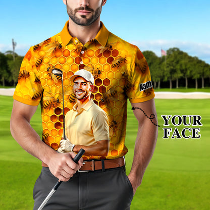 HomyGifts Men's Customized Face Artistic Golf Polo Shirt, Personalized Bee & Honeycomb Polo Shirt with Face, Funny Honey Lover Outfit, Summer Polo for Men Style 2