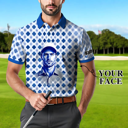 Custom Face Polo Shirt – Geometric Diamond Pattern | Personalized Photo Golf Polo | Unique Gift for Him, Retro Geometric Style Shirt Style 3
