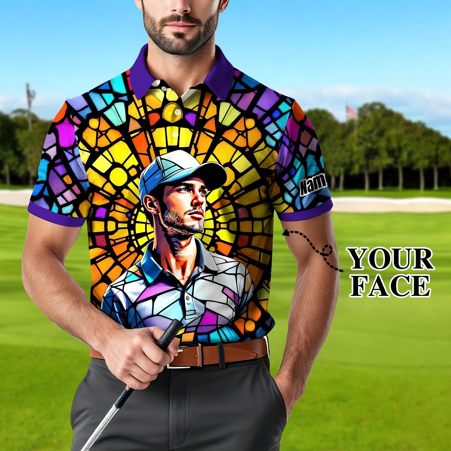 Custom Face Golf Polo Shirt – Personalized Stained Glass Art Shirt, Unique Golf Gift for Him, Colorful Abstract Golf Polo, Custom Sportswear