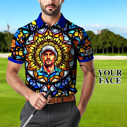 Custom Face Golf Polo Shirt – Personalized Stained Glass Mandala Style Polo, Unique Gift for Men & Women, Vibrant Artistic Golf Shirt, Custom Photo Polo
