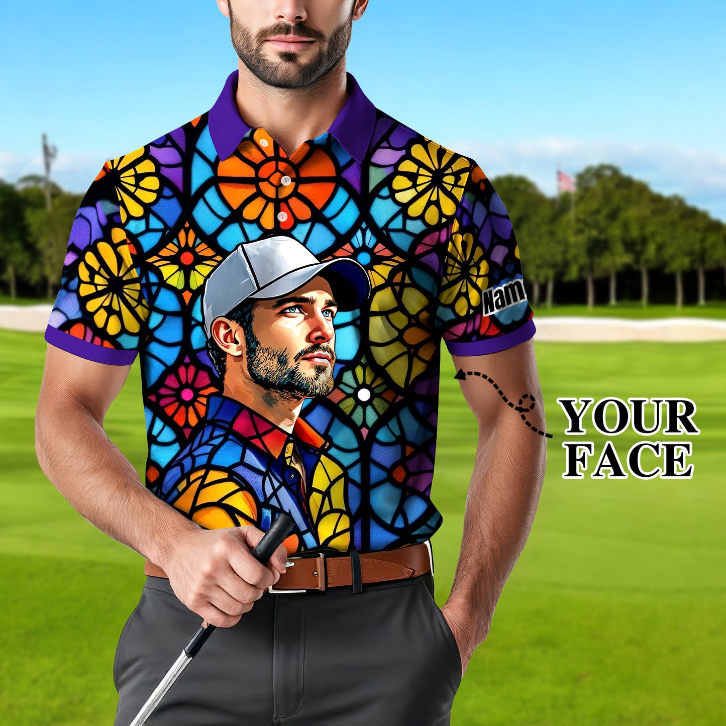 Custom Face Golf Polo Shirt – Personalized Stained Glass Art Shirt, Unique Golf Gift for Him, Colorful Abstract Golf Polo, Custom Sportswear