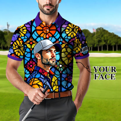 Custom Face Golf Polo Shirt – Personalized Stained Glass Art Shirt, Unique Golf Gift for Him, Colorful Abstract Golf Polo, Custom Sportswear