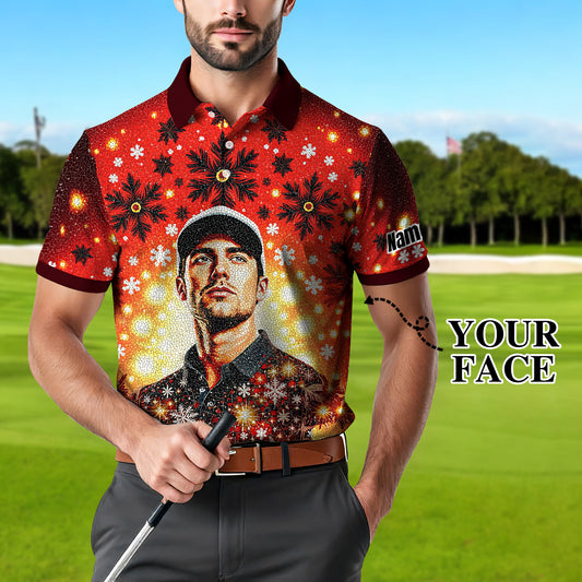 Custom Face Golf Polo Shirt – Personalized Christmas Golf Shirt for Him, Unique Holiday Gift for Golfer, Snowflake Design Golf Apparel Style 13