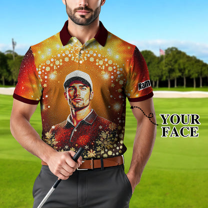 Custom Face Golf Polo Shirt – Personalized Christmas Golf Shirt for Him, Unique Holiday Gift for Golfer, Snowflake Design Golf Apparel Style 14