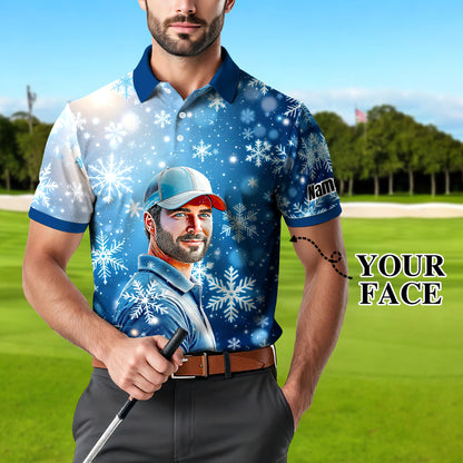 Custom Face Golf Polo Shirt – Personalized Christmas Golf Shirt for Him, Unique Holiday Gift for Golfer, Snowflake Design Golf Apparel Style 3
