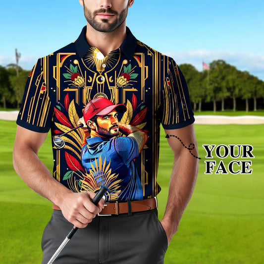 Custom Face Golf Polo Shirt – Swing in Gold Art Deco Revival Style | Personalized Golf Shirt for Men