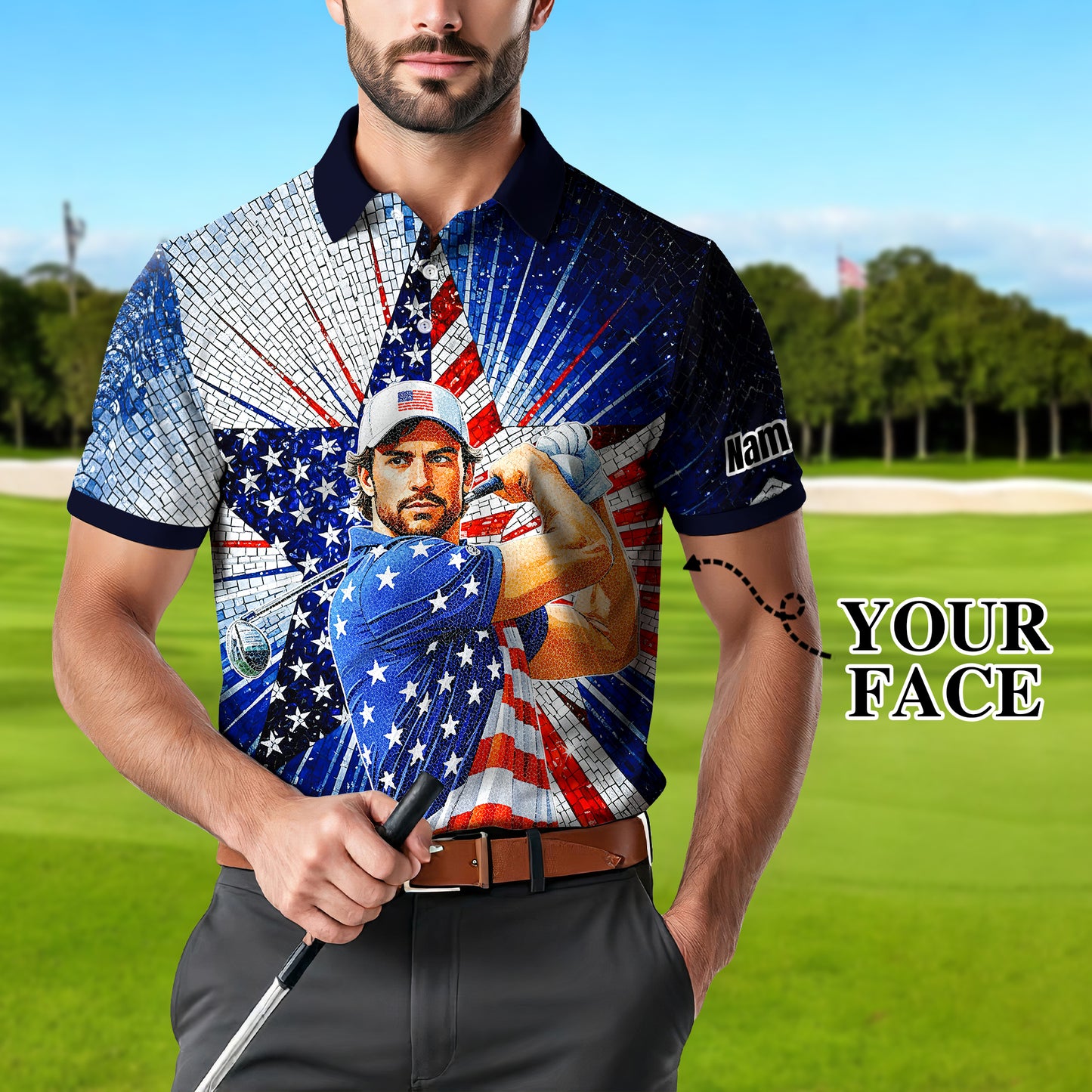 Custom Face Patriotic Golf Polo Shirt – Personalized USA Flag Design – American Pride Gift for Him – Mosaic Art Golf Shirt Style 1