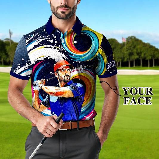 Men's Custom Face Artistic Golf Polo Shirt, Mosaic Art Style, Unique Personalized Golf Polo For Men