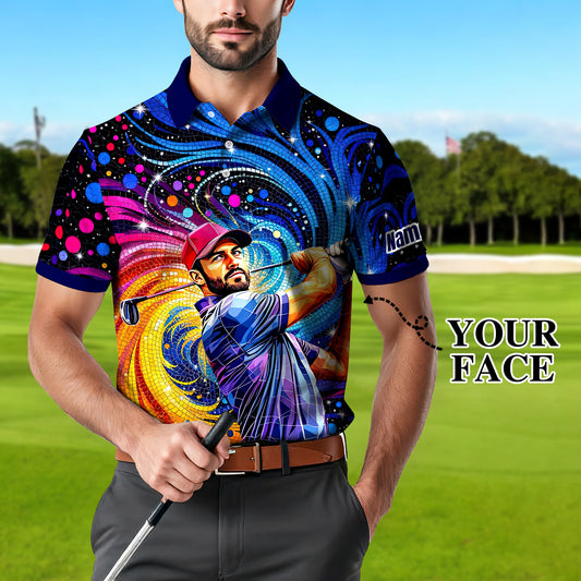 Men's Custom Face Artistic Golf Polo Shirt, Mosaic Art Style, Unique Personalized Golf Polo For Men