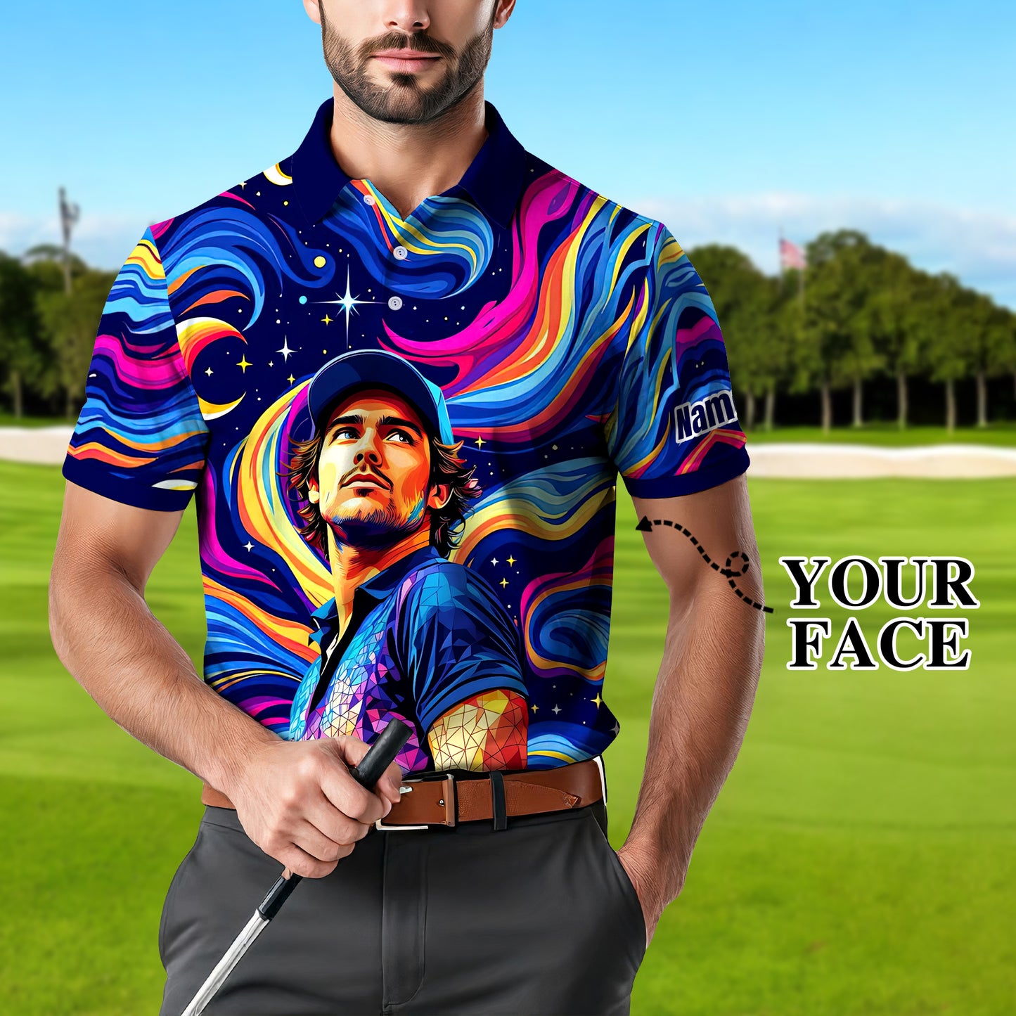 HomyGifts Men's Customized Face Artistic Golf Polo Shirt, Mosaic Art Style, Unique Personalized Golf Polo For Men Style 1