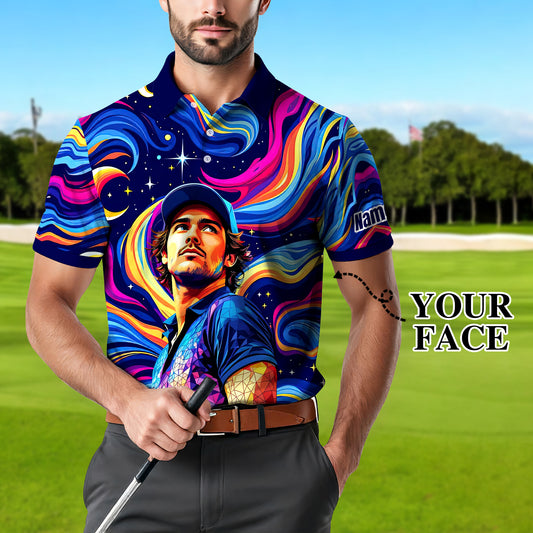 Men's Custom Face Artistic Golf Polo Shirt, Mosaic Art Style, Unique Personalized Golf Polo For Men
