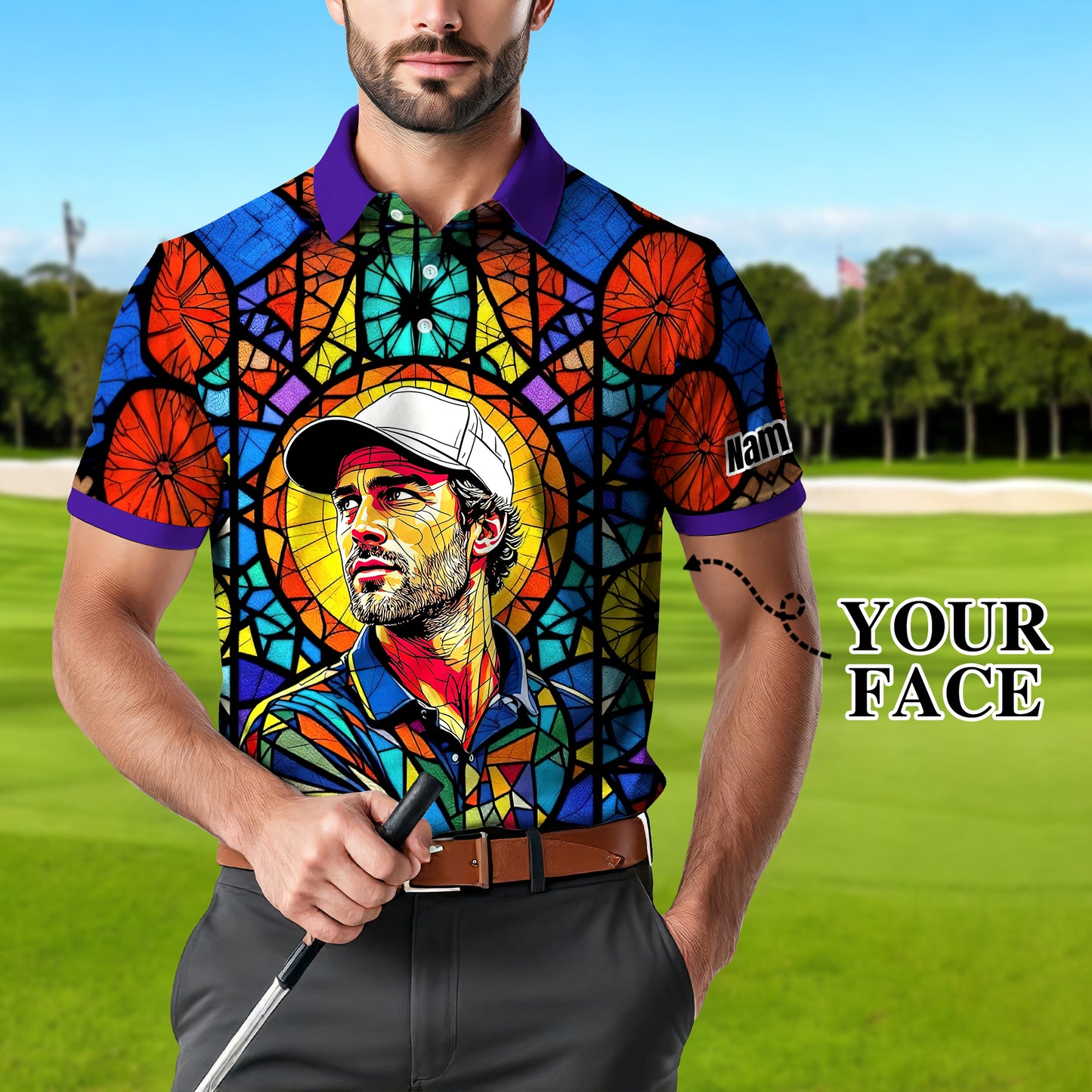 Custom Face Golf Polo Shirt – Personalized Stained Glass Art Shirt, Unique Golf Gift for Him, Colorful Abstract Golf Polo, Custom Sportswear