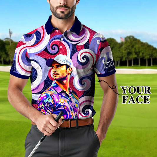 Men's Custom Face Artistic Golf Polo Shirt, Mosaic Art Style, Unique Personalized Golf Polo For Men