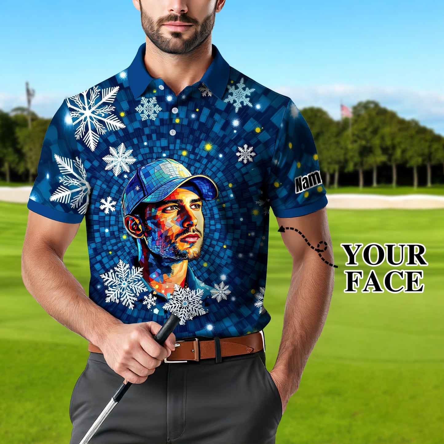 Custom Face Golf Polo Shirt – Personalized Christmas Golf Shirt for Him, Unique Holiday Gift for Golfer, Snowflake Design Golf Apparel Style 7